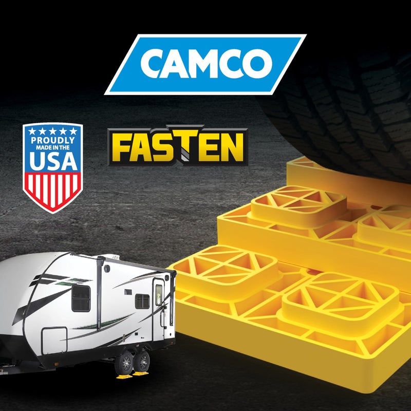 Camco Fasten RV Leveling Blocks - Features Interlocking Design for Customizable Height - Carrying Handle Twists to Secure Blocks for RV Storage - 8.5â€ x 8.5â€ x 1â€, Yellow, 10-Pack (21022) - Image 2